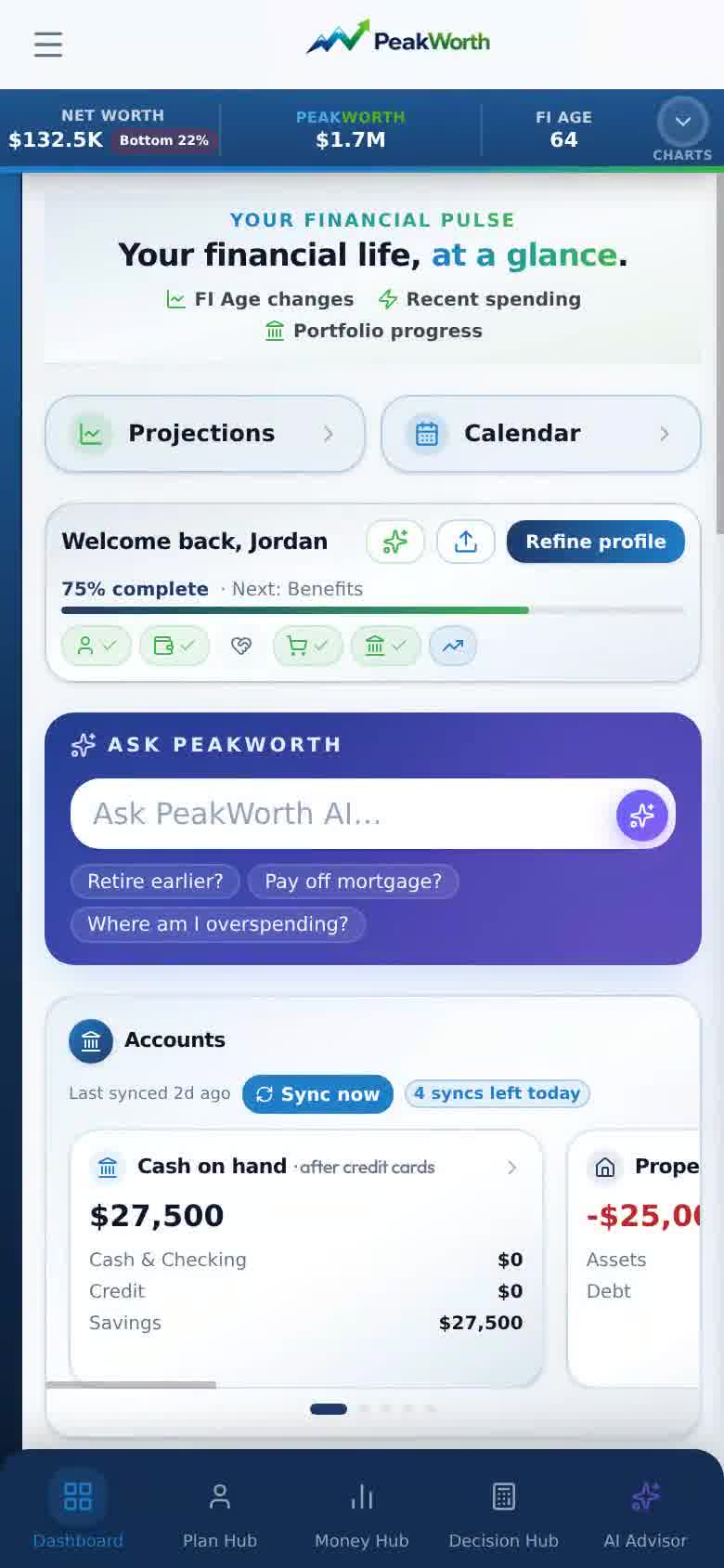 PeakWorth mobile app — connected accounts, Work Optional age and AI recommendation in one dashboard